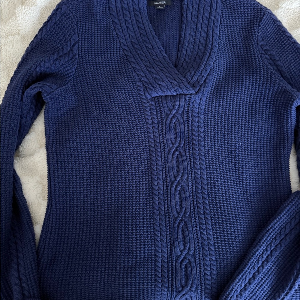 Women's Náutica Blue Cable Knit Sweater 100% cotton L - Picture 2 of 4